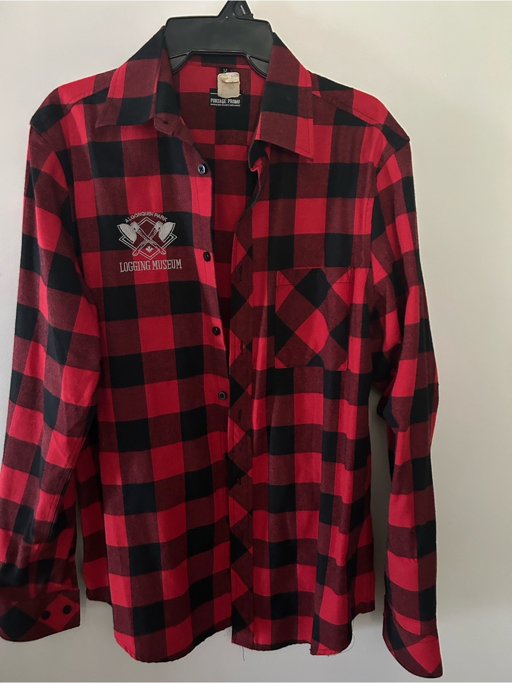 Red and Black Plaid portage promo Flannel Shirt logo Algonquin park  Museum